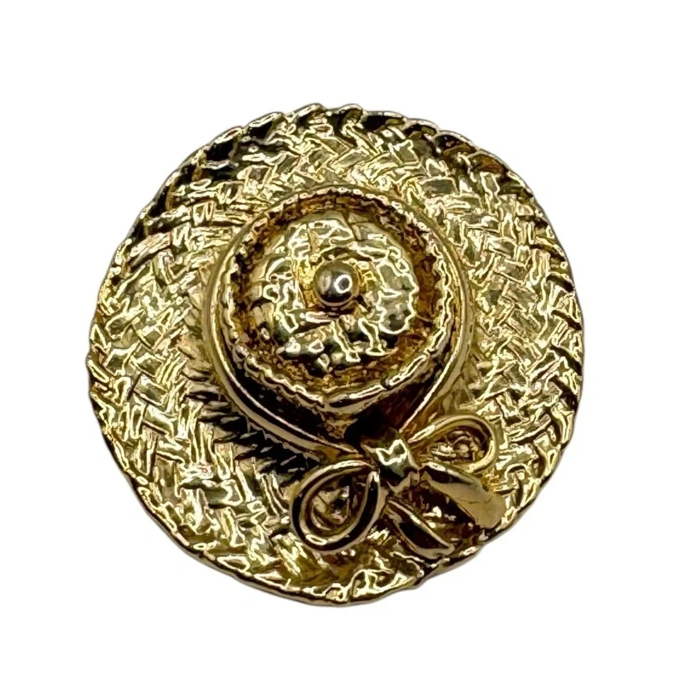 Vintage Gold Tone Straw Hat Brooch Textured Round Statement Pin 2” x 7/8”